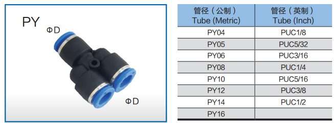 PY Three Way Equal Y Tee Black Colour Pneumatic Plastic Tube Fitting